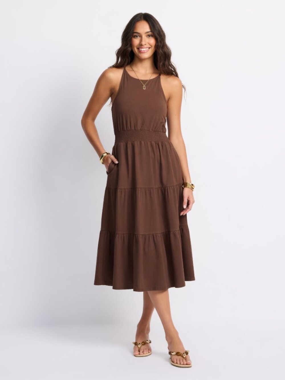 NWT Market & Spruce Marea Brown Halter Neck Tiered Midi Dress | Size Medium